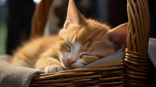 A peaceful image of a cat sleeping comfortably in a wicker basket. Perfect for pet-related designs or home decor themes.