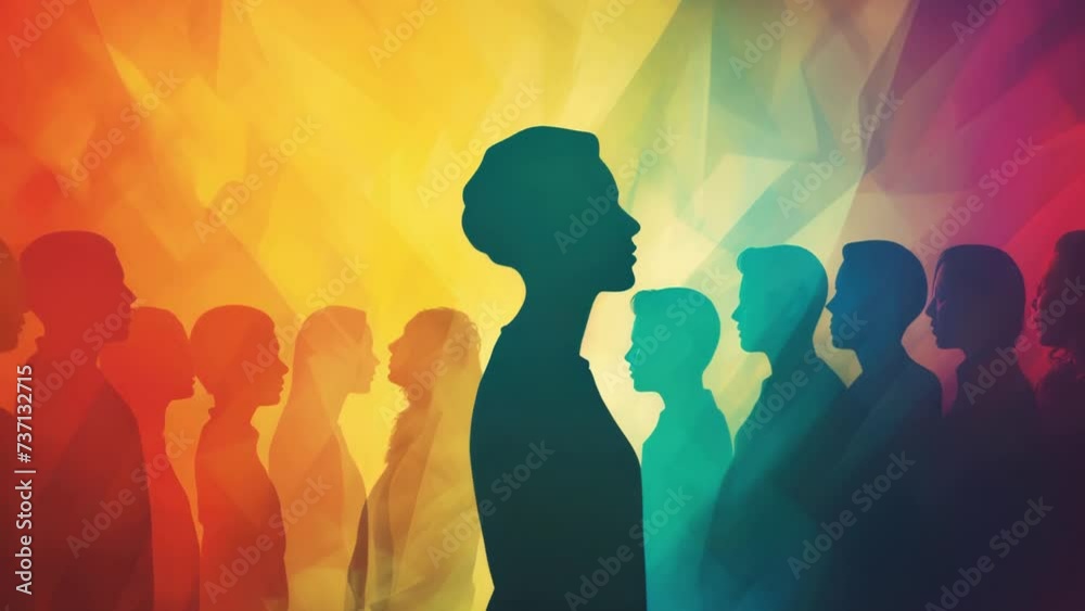 Aufkleber A group of people standing together in front of a vibrant and colorful background. This image can be used for various purposes.