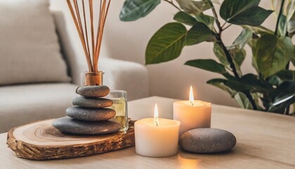 cozy corner for home meditation and relaxation aroma diffuser burning candles stones for comfort pleasure aromatherapy decor for apartment house indoors design banner