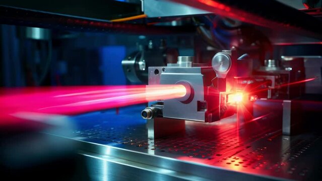 A laser machine emitting a red light. Can be used in various industries and applications.