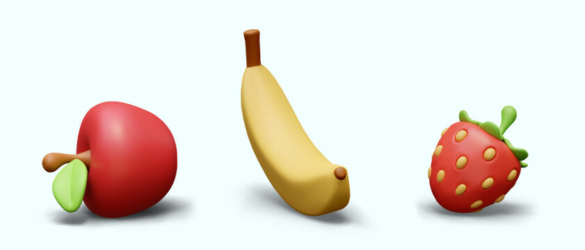 Realistic red apple, banana, strawberry. Set of colored fruits and berries
