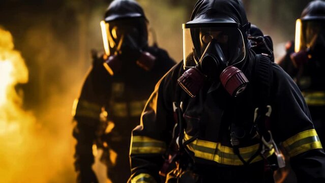 Firefighters in full protective gear ready for action. This image can be used to showcase the bravery and dedication of firefighters in various emergency situations.