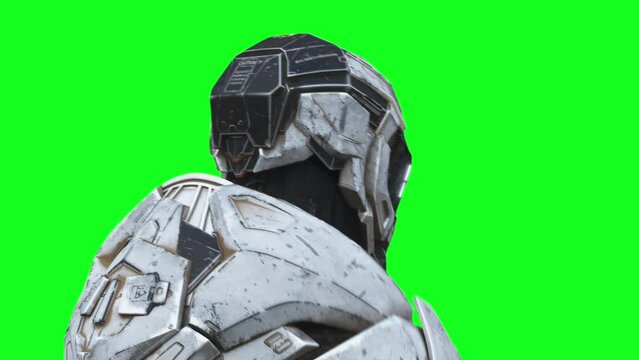 Military futuristic cyborg, robot. Realistic 4k green screen animation.