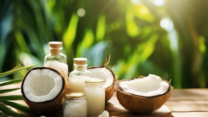 A collection of coconut oil, fresh coconuts, and various other ingredients arranged on a rustic wooden table. Perfect for food, health, and natural skincare concepts.