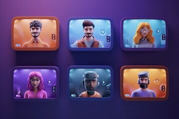 3d rendering of people avatars in a zoom call , CARTOON CHARACTER AVATAR , PERSON AND NEWS  