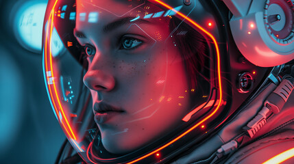 Cosmonaut woman wearing an high-tech helmet 