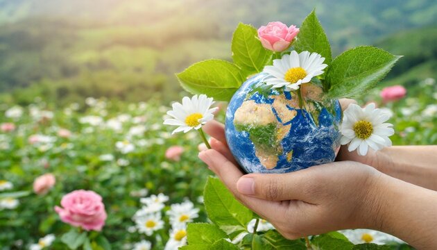 earth day or world environment day concept save our planet restore and protect green nature sustainable lifestyle and climate literacy theme blooming rose daisy flowers on globe in hand 22 april