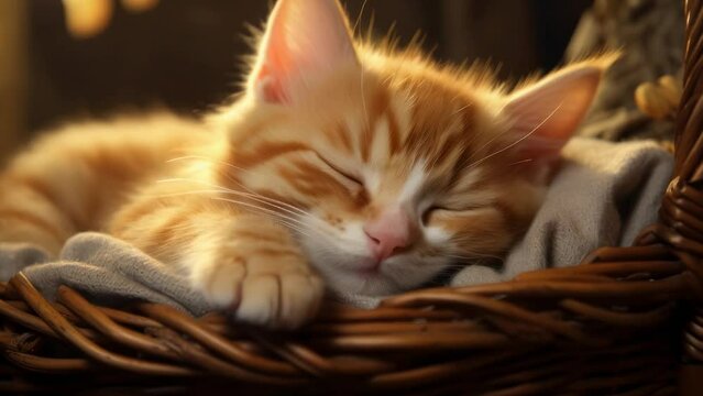 An orange and white cat peacefully sleeping in a cozy basket. Perfect for showcasing the comfort and relaxation of pets.