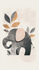 Abstract Stylized Elephant Illustration with Leaf Motifs