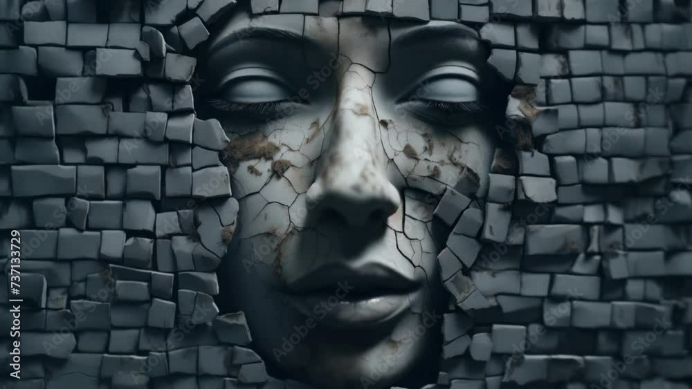 Poster A close-up view of a face made out of broken tiles. This unique and artistic image can be used to add a touch of creativity and texture to various projects.