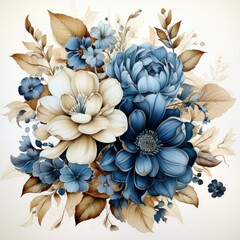 Beautiful Peony Flowers Bouquet in Blue and Beige Tones, Watercolor Illustration Isolated on White Background