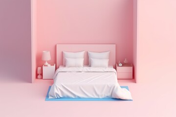 Fototapeta na wymiar 3D Isometric of bedroom with white bedsheet picture frame and side table isolated on pink background 