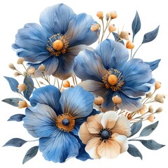 Blue Peony Flowers Bouquet, Watercolor Painting with Grunge Texture Illustration, Isolated on White Background