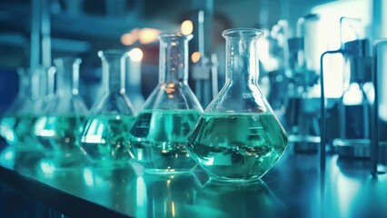 Glass flasks filled with green liquid. Can be used to represent scientific experiments or laboratory research.