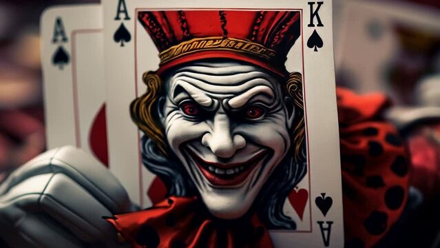 A detailed close-up of a playing card featuring a clown face. This image can be used for various purposes, such as illustrating a deck of cards, adding a playful element to a design