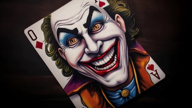 A drawing of a joker playing card on a table. Ideal for use in card games and gambling-related designs.