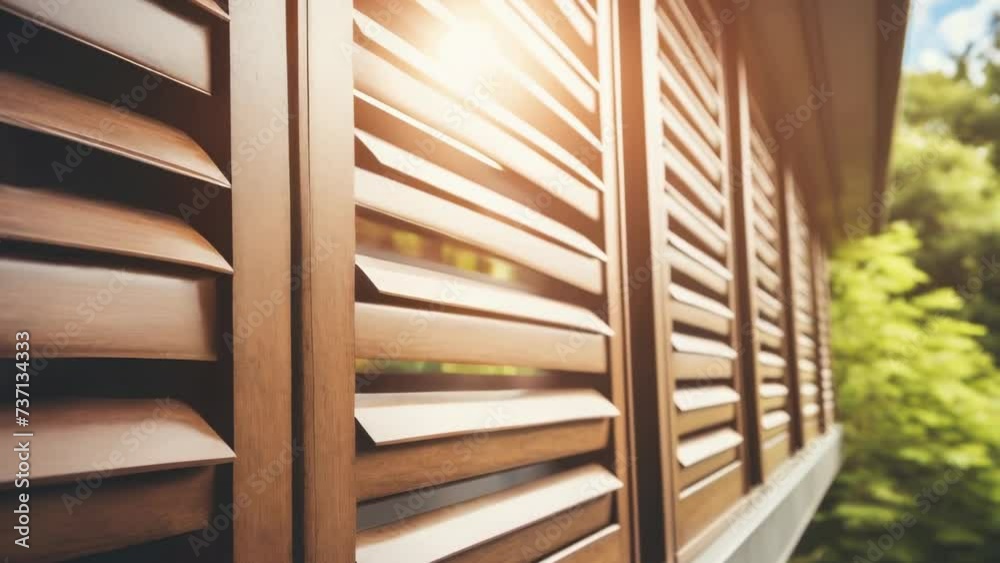 Poster A detailed view of a window with wooden shutters. Ideal for adding a rustic touch to interior design projects or showcasing architectural elements.