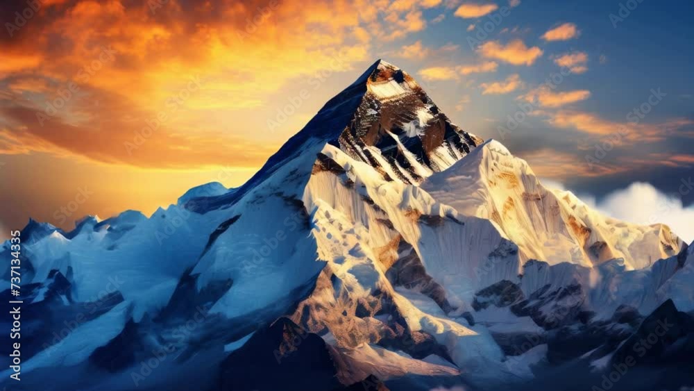 Poster A stunning image of a snow-covered mountain with a beautiful sunset in the background. Perfect for nature enthusiasts and travel-related projects.