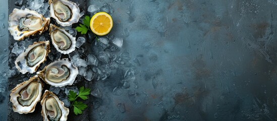 Fresh plump oysters displayed on ice with a zesty lemon slice for seafood delicacy - obrazy, fototapety, plakaty