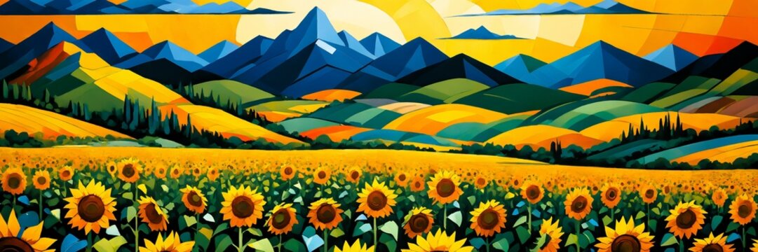 Sunflower field in the background mountains painting