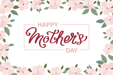 Mothers day banner with cherry blossom flowers, greeting card template, illustration with hand drawn lettering. Vector