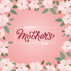 Mothers day banner with cherry blossom flowers, greeting card template, illustration with hand drawn lettering. Vector