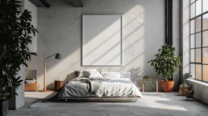A serene minimalist bedroom bathed in soft morning sunlight, with crisp white bedding and fresh green plants.