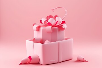 3d render of open pink gift box with ribbons isolated on pastel background 