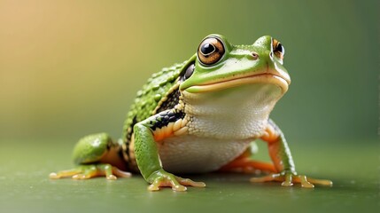 Obraz premium frog on the ground realistic Happy smiling green frog on peach fuzz background pay attention to detail