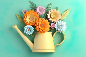 3D watering can FULLED WITH flowers ON NICE BACKGROUND MADE WITH AI 