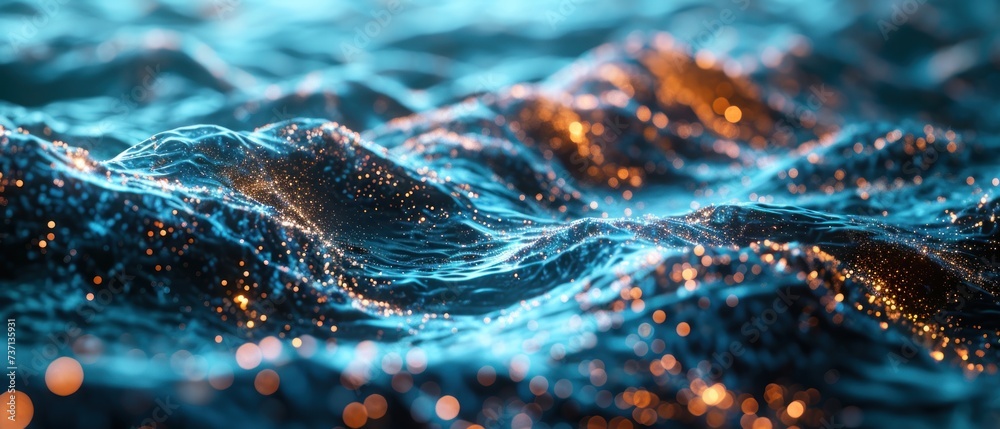 Poster abstract wallpaper featuring a futuristic wave of dots and geometric patterns, illustrating the interconnectedness of science and future network technologies