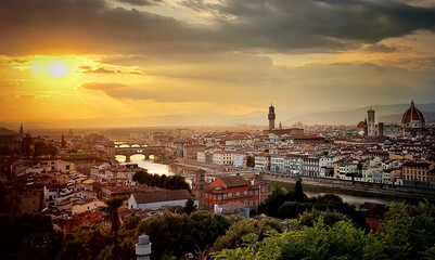 Florence (Firenze, Italy. Sunset panorama. Dusk view of ancient city. Famous Ponte Vecchio bridge over Arno river, . Cathedral Duomo Santa Maria del Fiore, Palazzo - obrazy, fototapety, plakaty