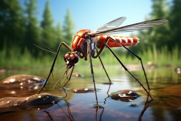 The detailed image of a mosquito showcases the insect that is notorious for spreading deadly illnesses. - obrazy, fototapety, plakaty