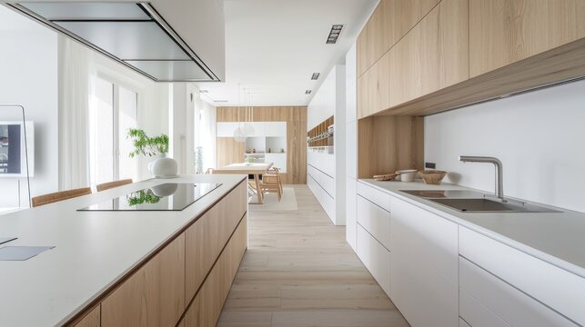 With its light tones and grey floors, the kitchen's modern design is accentuated by bespoke oak wood furniture, and equipped with essential appliances that blend seamlessly into the stylish space