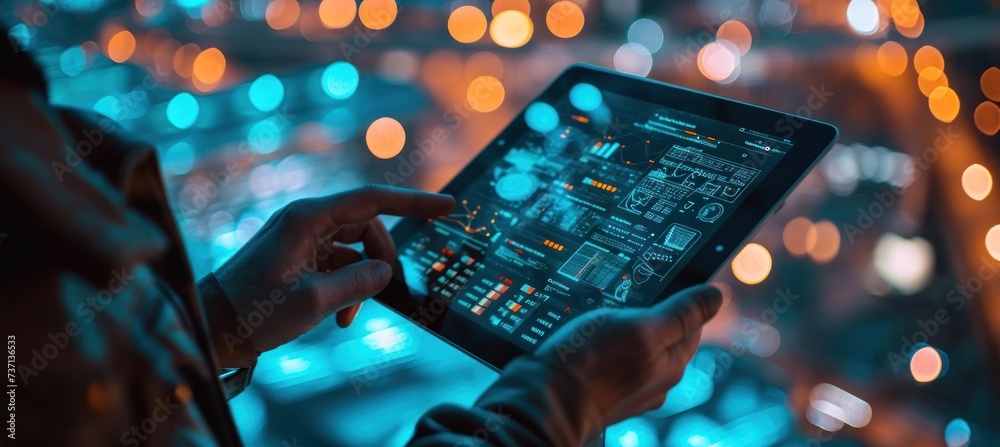 Leinwandbilder Close-up of a person's hands using a digital tablet with interactive city map against a backdrop of vibrant city lights at night.