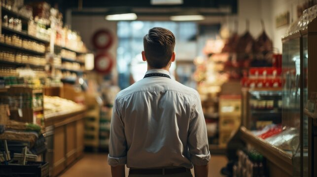 Portrait of male shopkeeper standing in a grocery store pose crossed his arms