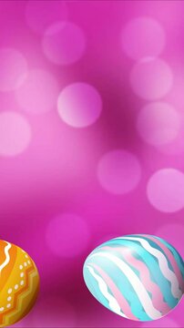 Multicolored Easter eggs rolling on a pink color bokeh background. Loop animation. Easter Bunney animation on pink bokeh