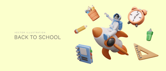 Advertising of online stationery store in space style. Astronaut flies on rocket