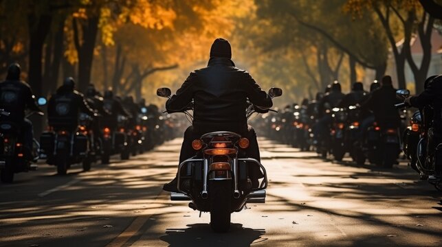 Parade of motorcycle of bikers on the road, motorcyclists in helmets on biker show