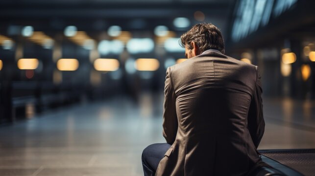 Depressed Businessman Suffering From Depression Sitting Alone In The Hall Feeling Lonely. In An Empty And Empty Workplace