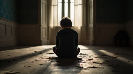 A depressed young boy suffering from depression sitting alone in the hall feeling lonely. in an empty and empty room