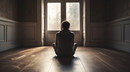 A depressed young boy suffering from depression sitting alone in the hall feeling lonely. in an empty and empty room - obrazy, fototapety, plakaty