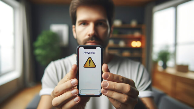 A Man Holding Up A Cell Phone With An Air Quality Warning Sign On It