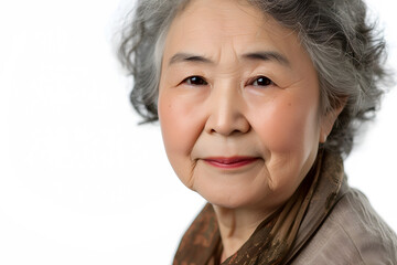 Closeup Portrait of pretty elderly asian woman isolated on white background