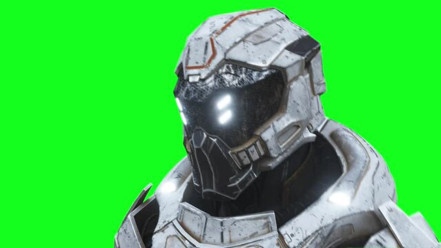 Military futuristic cyborg, robot. Realistic 4k green screen animation.