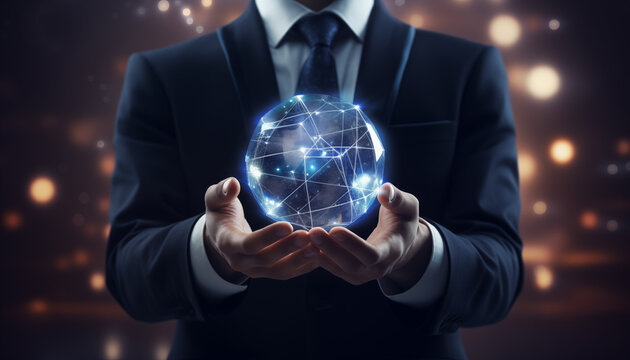 Close up of businessman hands holding glowing polygonal globe. Concept of communication and transaction in global worldwide network