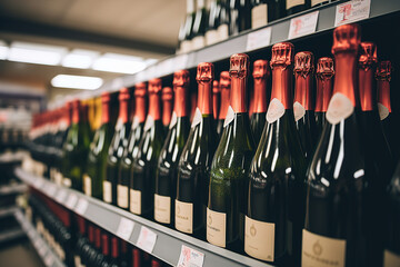 Champagne bottles on wine Store shelves. People purchasing gastronomy food concept