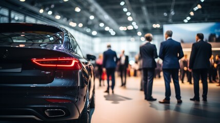 Business executives standing in exhibition car hall, new car exhibition