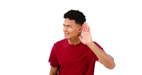 Portrait, overhearing and hand gesture for listening with a man eavesdropping isolated on a transparent png background. Ear, communication and secret with a confused young person in doubt about news