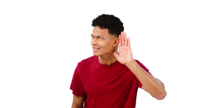 Portrait, overhearing and hand gesture for listening with a man eavesdropping isolated on a transparent png background. Ear, communication and secret with a confused young person in doubt about news